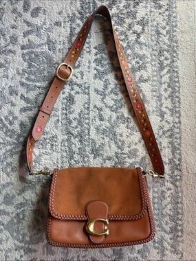 Coach Brown Suede & Leather Crossbody with Embroidered Floral Strap
